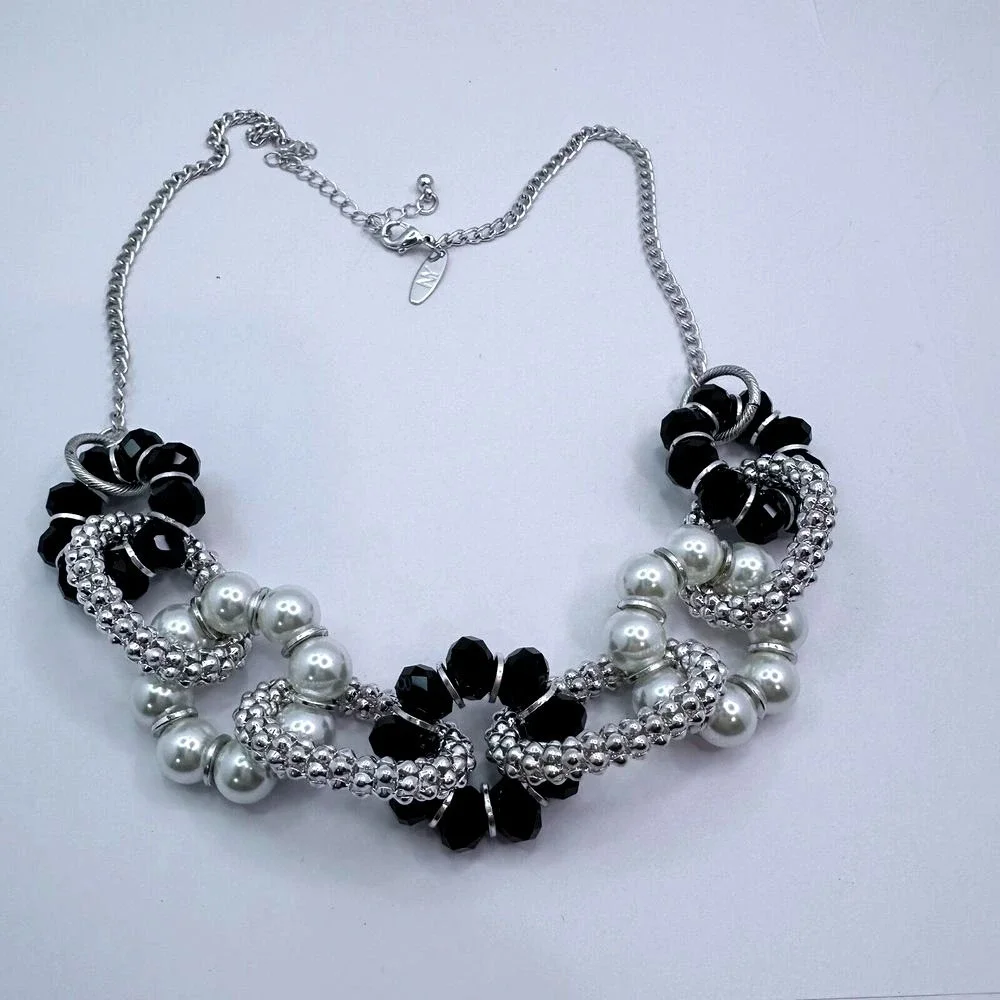 New York & Company Silver Tone Faux Pearl Black Beaded Bib‎ Statement Necklace